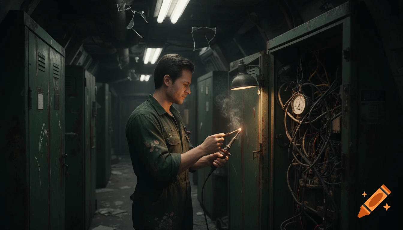 A mechanic solders wires in a dark, dilapidated industrial corridor with open electrical cabinets, photorealistic.