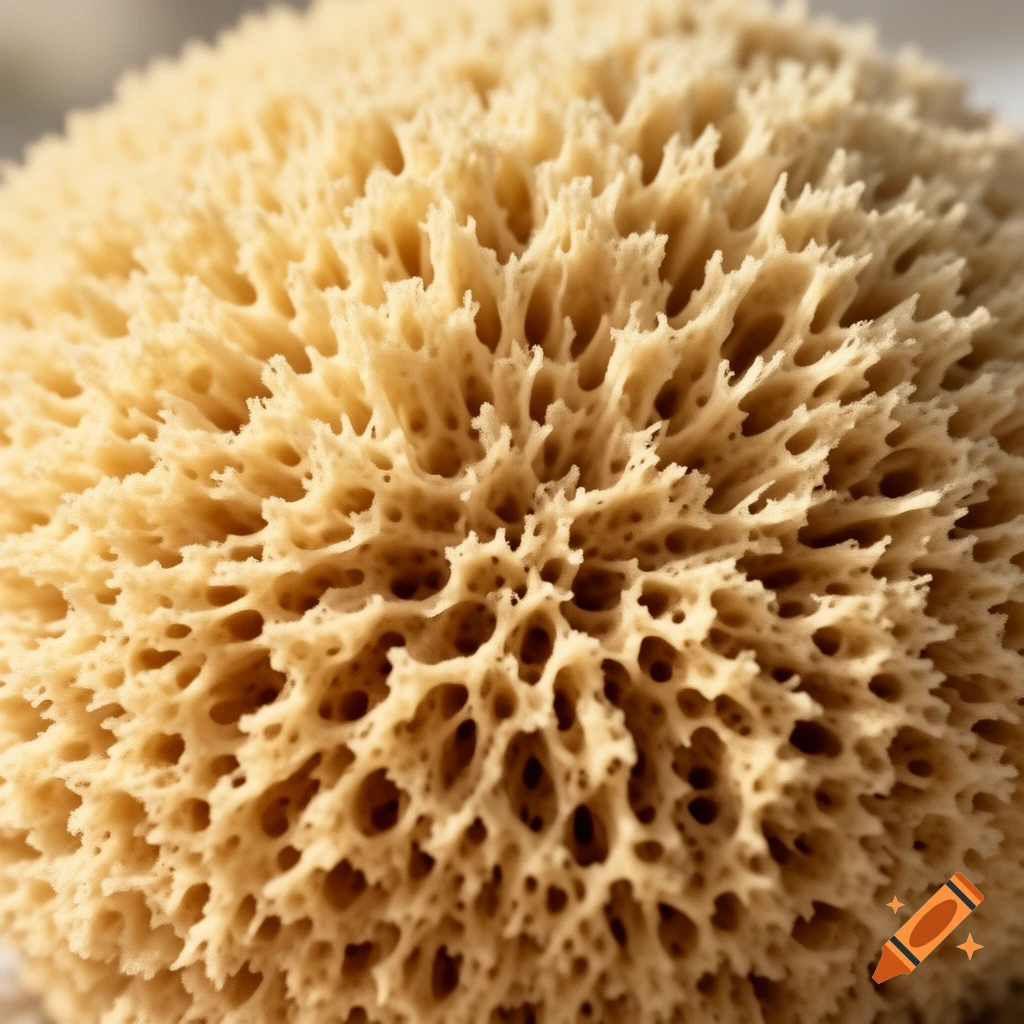 A close-up, highly detailed shot of a natural sponge texture, showing many small holes and peaks.