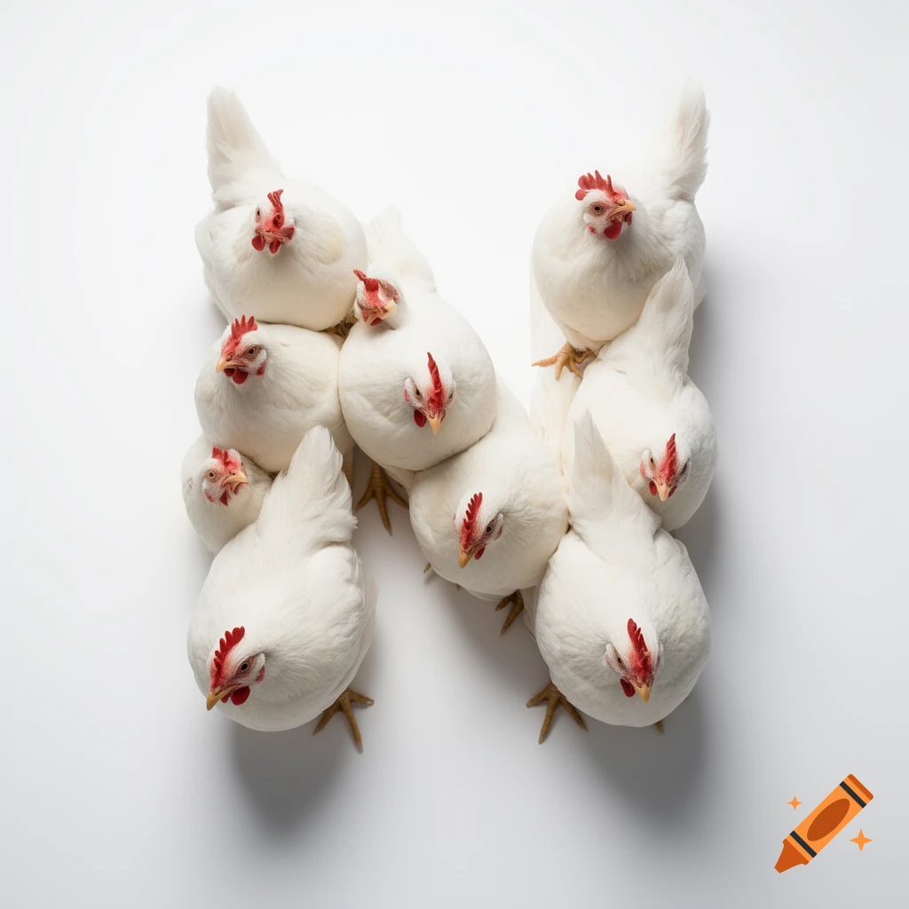 A top-down view of several fluffy white chickens with red combs, neatly arranged to form the capital letter 'N' on a plain white background.