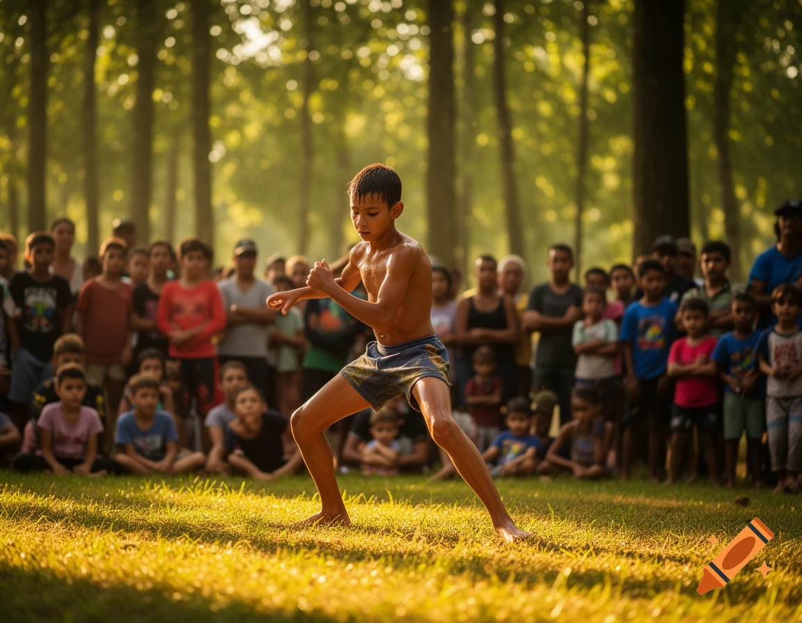 A shirtless, skinny boy practices jiu-jitsu outdoors in a low stance, with a blurry crowd watching in a sunlit forest.