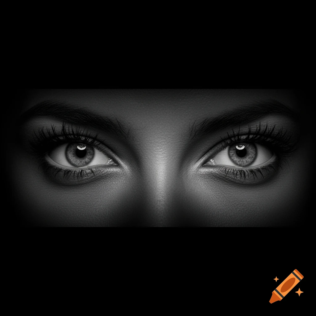Black and white close-up of intense human eyes with dramatic lighting, emerging from darkness.