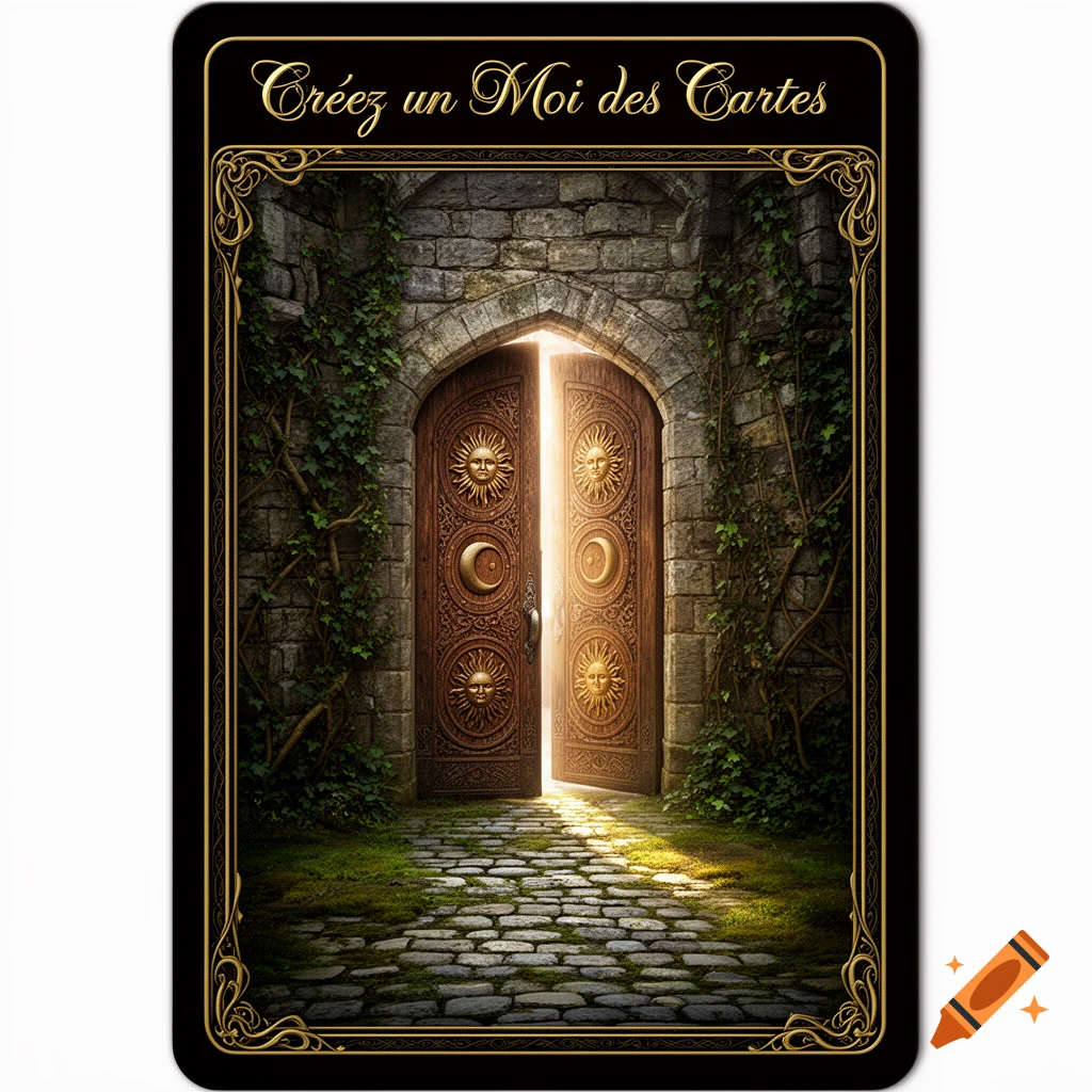 An ornate, partially open wooden door with sun and moon carvings, set in a mossy stone archway, with light emanating from within. The scene is framed by a decorative gold border on a black background, with the French text 'Créez un Moi des Cartes' at the top.
