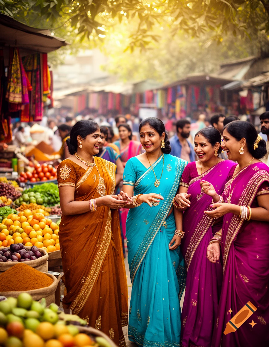Four Indian women in colorful saris smiling and talking at a bustling outdoor market with fresh produce, photorealistic.