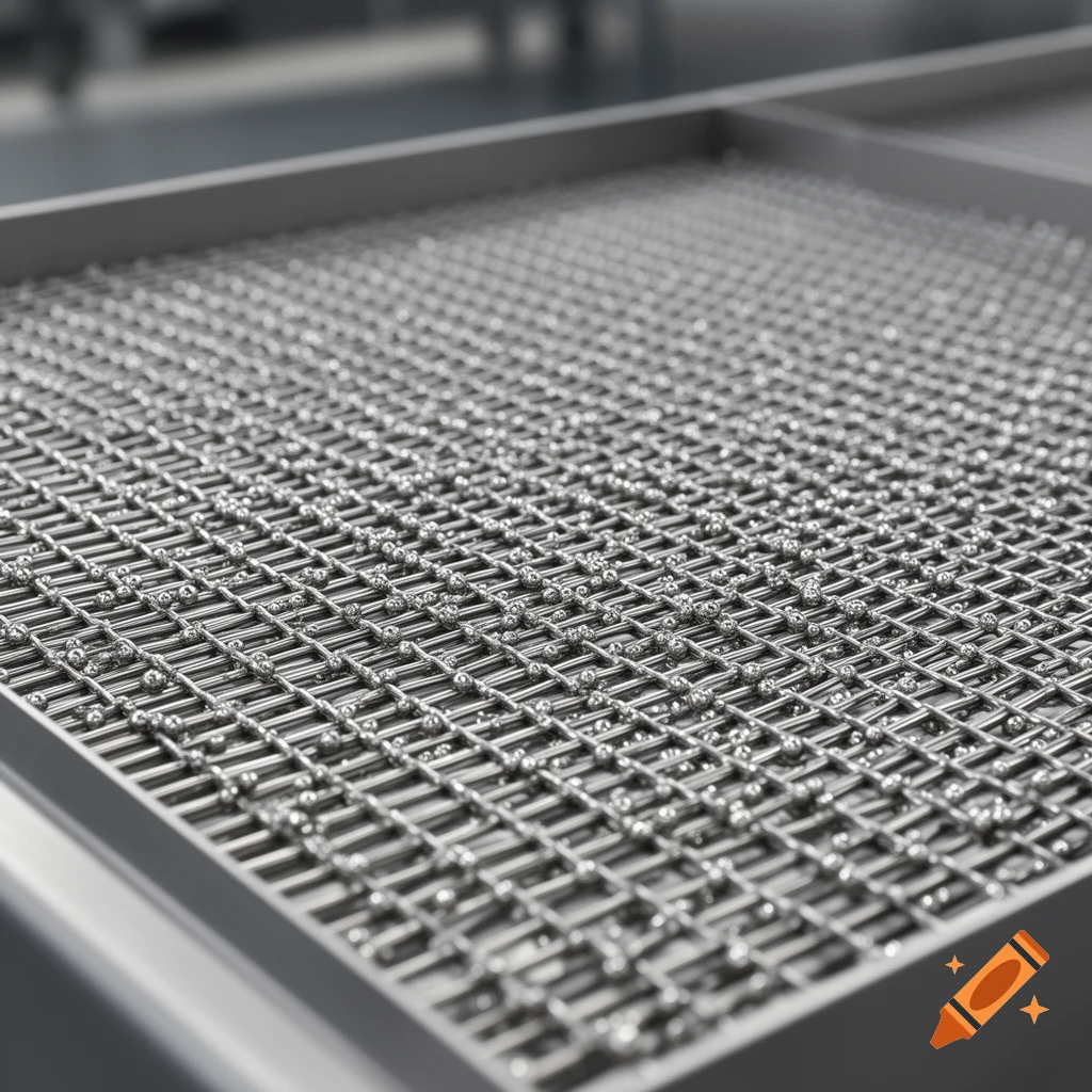 Close-up of a metal wedge wire mesh tray filled with many shiny, small spherical beads, in a photorealistic style.