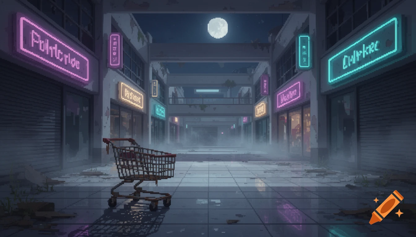 Pixel art of an abandoned mall at night with a shopping cart, glowing neon signs, and a full moon.