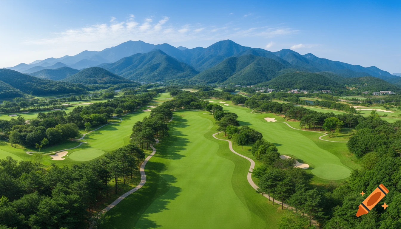 Aerial panoramic view of a luxury golf course with lush green fairways, manicured greens, and a backdrop of mountains under a blue sky.