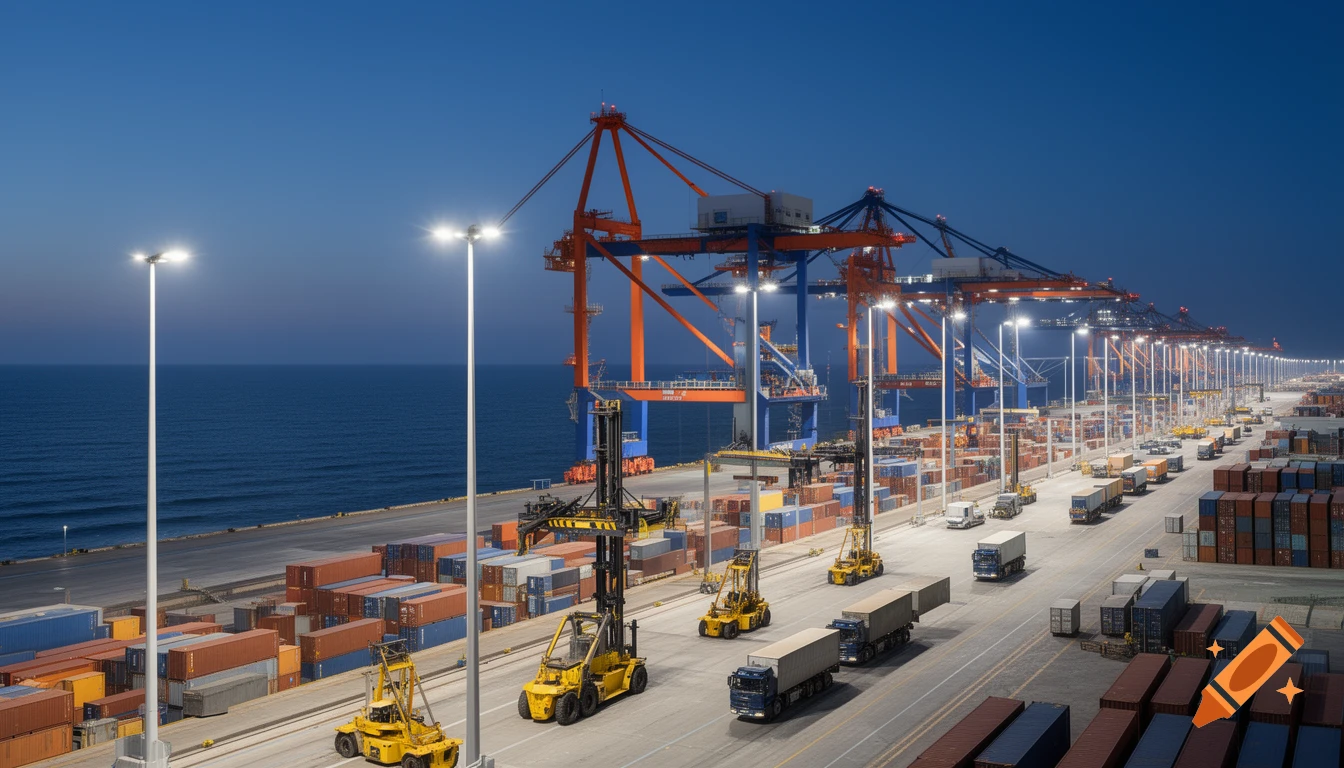 Photorealistic modern seaport at dusk with large orange and blue cranes, rows of shipping containers, trucks, and forklifts under bright lights by the ocean.