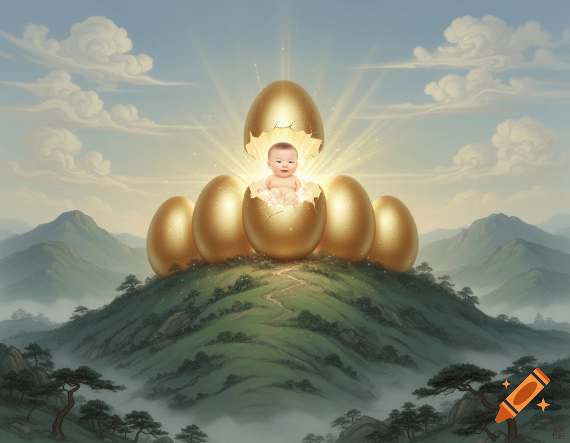 A baby hatches from a glowing golden egg atop a green mountain, surrounded by other golden eggs, in a mythical digital painting style.