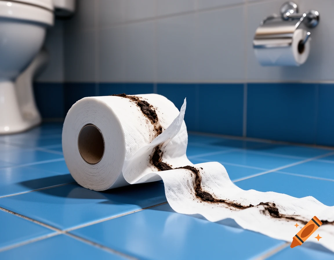 A roll of unrolled toilet paper smeared with excrement on blue bathroom tiles, with a toilet in the background.