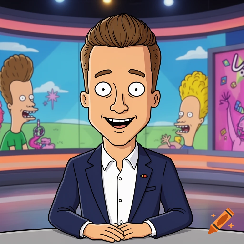 A smiling cartoon news anchor sits at a desk, with cartoon characters resembling Beavis and Butt-Head in the background.