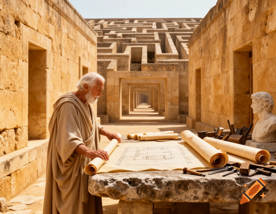 An ancient Greek architect in robes unrolls a blueprint on a stone table, with tools and a vast stone labyrinth under bright sun.