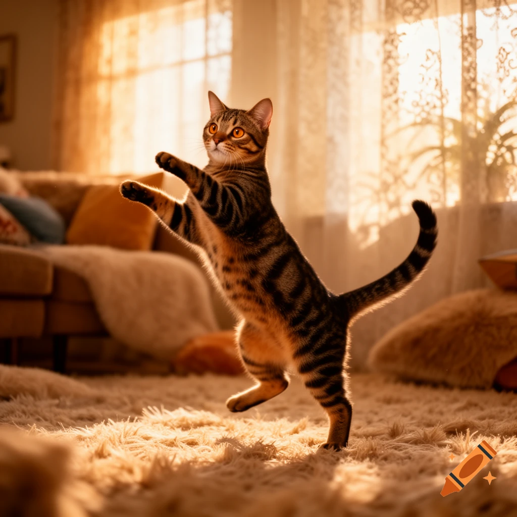 A domestic tabby cat stands on its hind legs with front paws raised on a fluffy rug, illuminated by warm sunlight from a window.