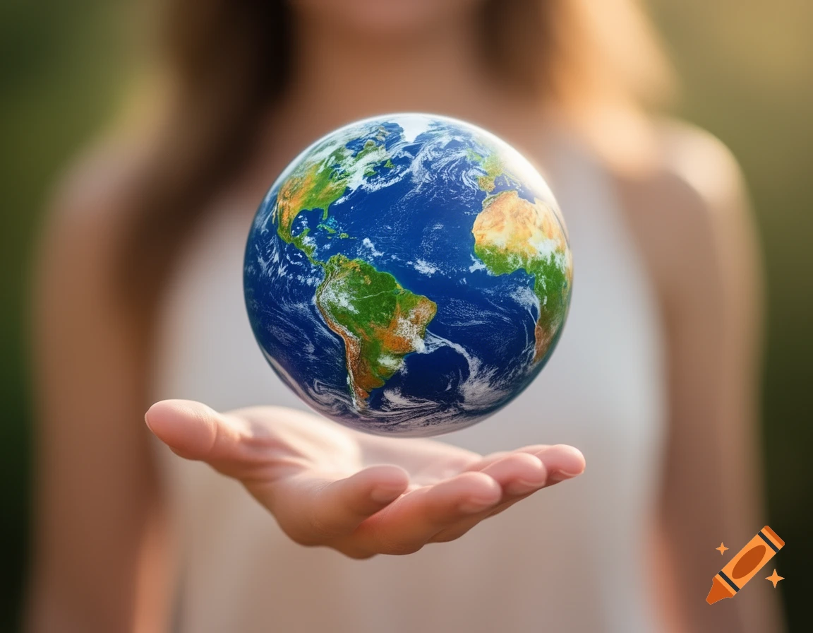 A blurred person holds a miniature Earth in their outstretched hand, representing global care.