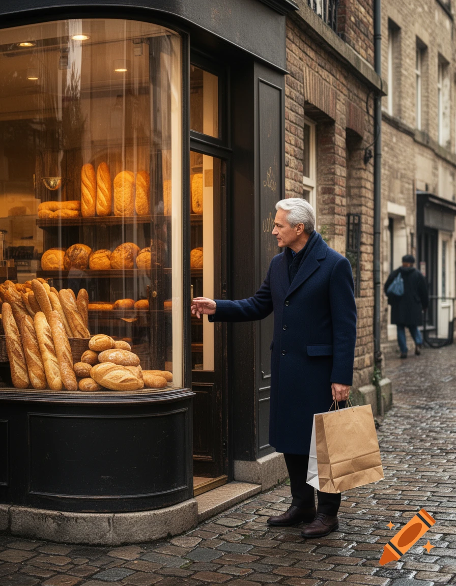 A man in a blue coat holding a shopping bag approaches a bakery with baguettes and bread in the window on a cobblestone street.