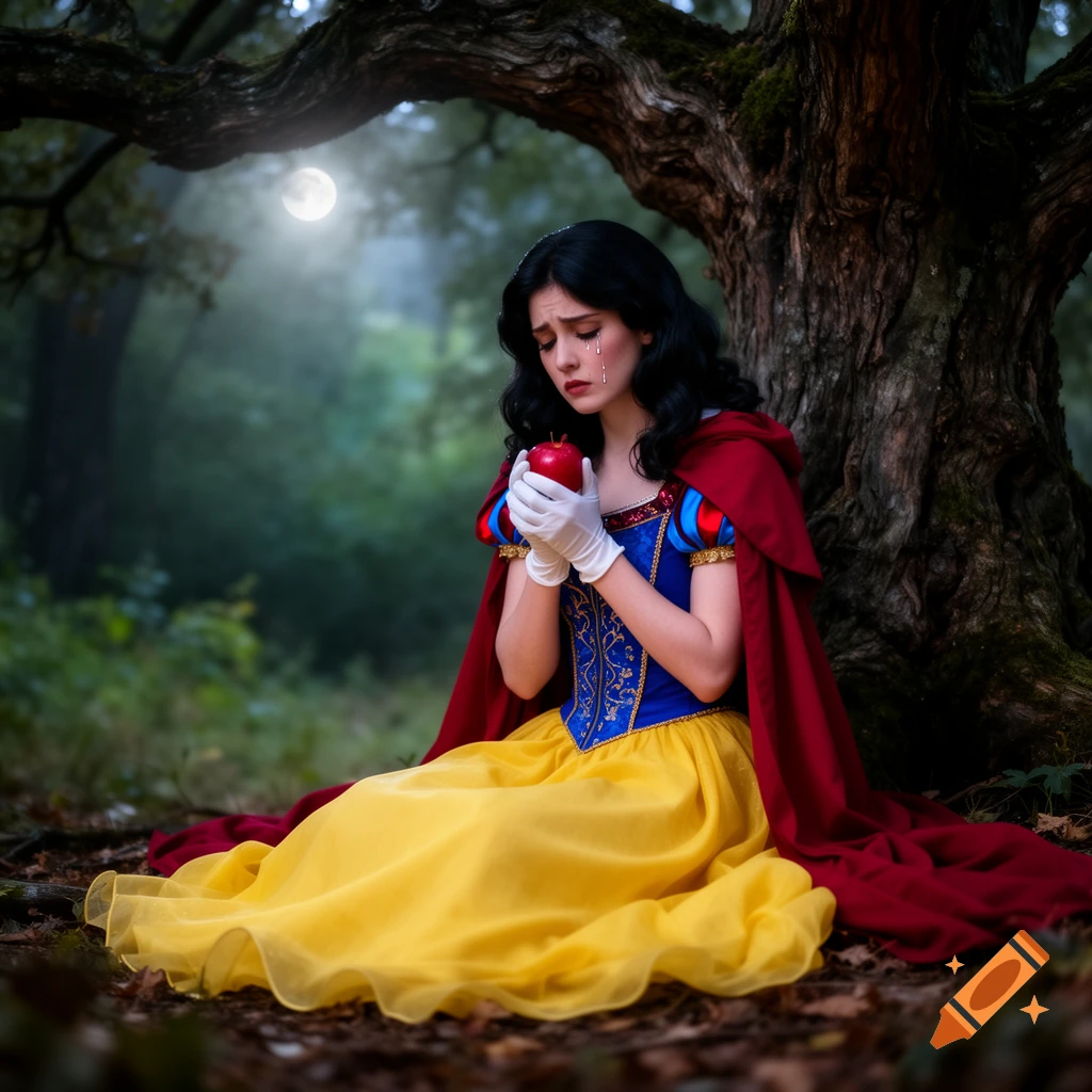 Photorealistic Snow White, in her blue and yellow dress, crying while holding a red apple under a tree in a misty forest with a full moon.