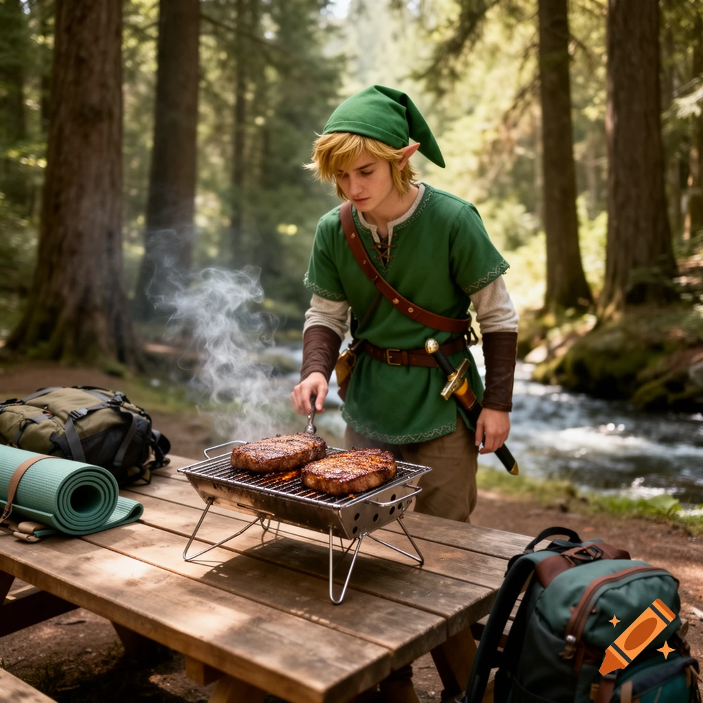 Link from Zelda grilling steaks on a portable grill at a wooden picnic table in a sunlit forest by a river.