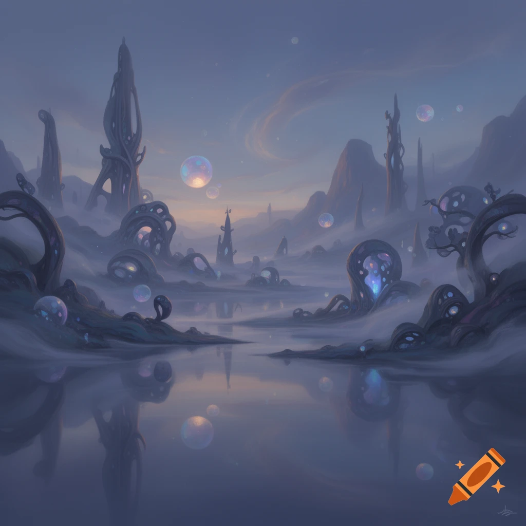 Misty alien landscape with bizarre structures, glowing bubbles, and ...