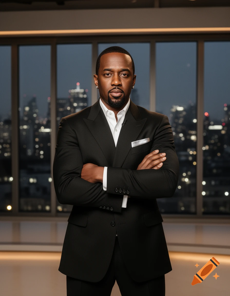 Photorealistic portrait of a man in a black suit with arms crossed, standing in front of large windows overlooking a city skyline at night.