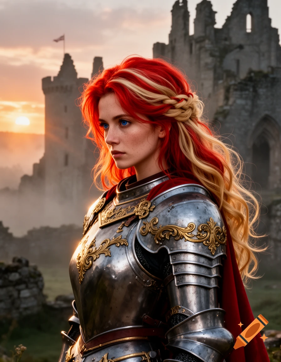 Realistic portrait of a female knight with red and blonde hair, blue ...