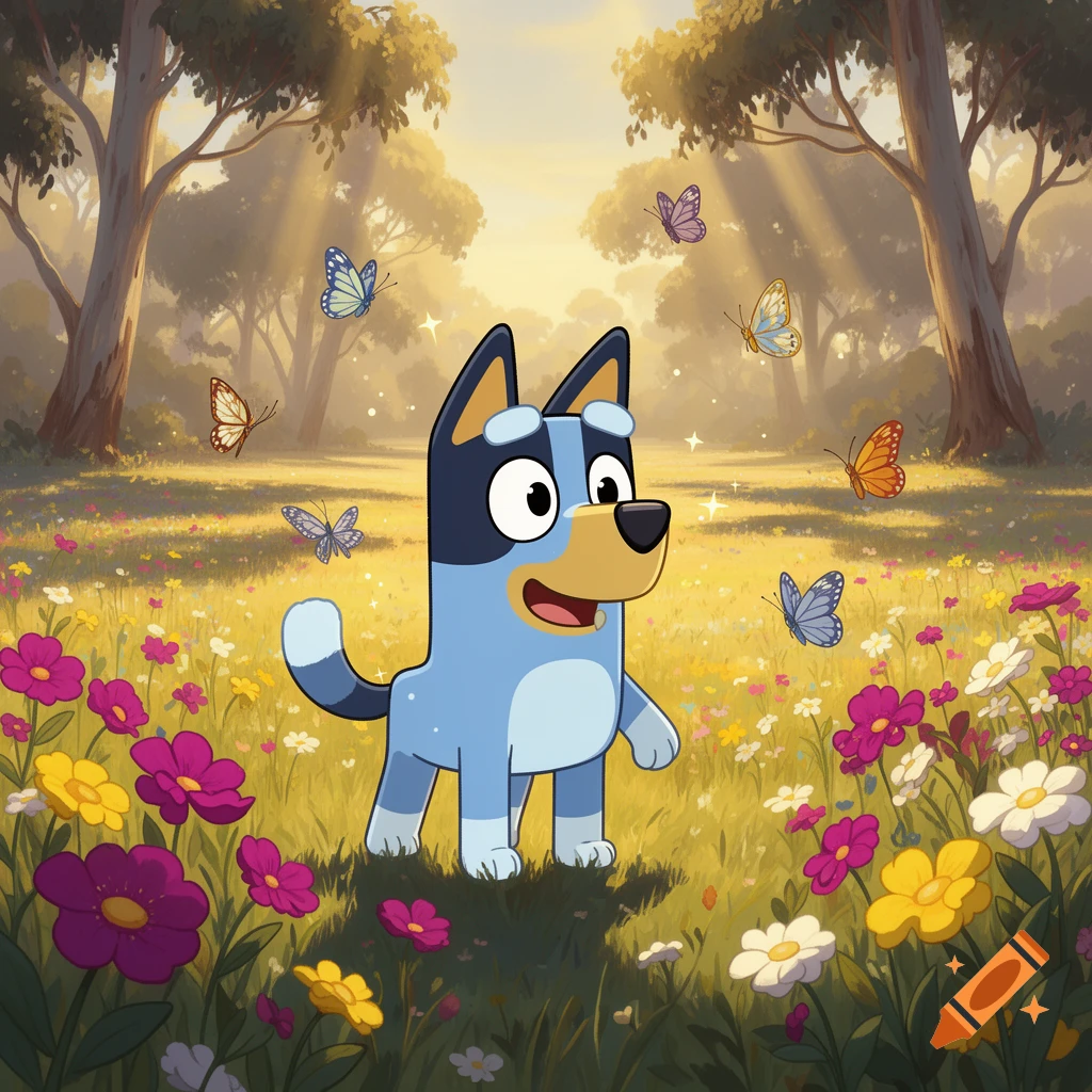 Bluey, a blue dog cartoon character, stands in a sunny meadow among colorful flowers and butterflies, with trees in the background.