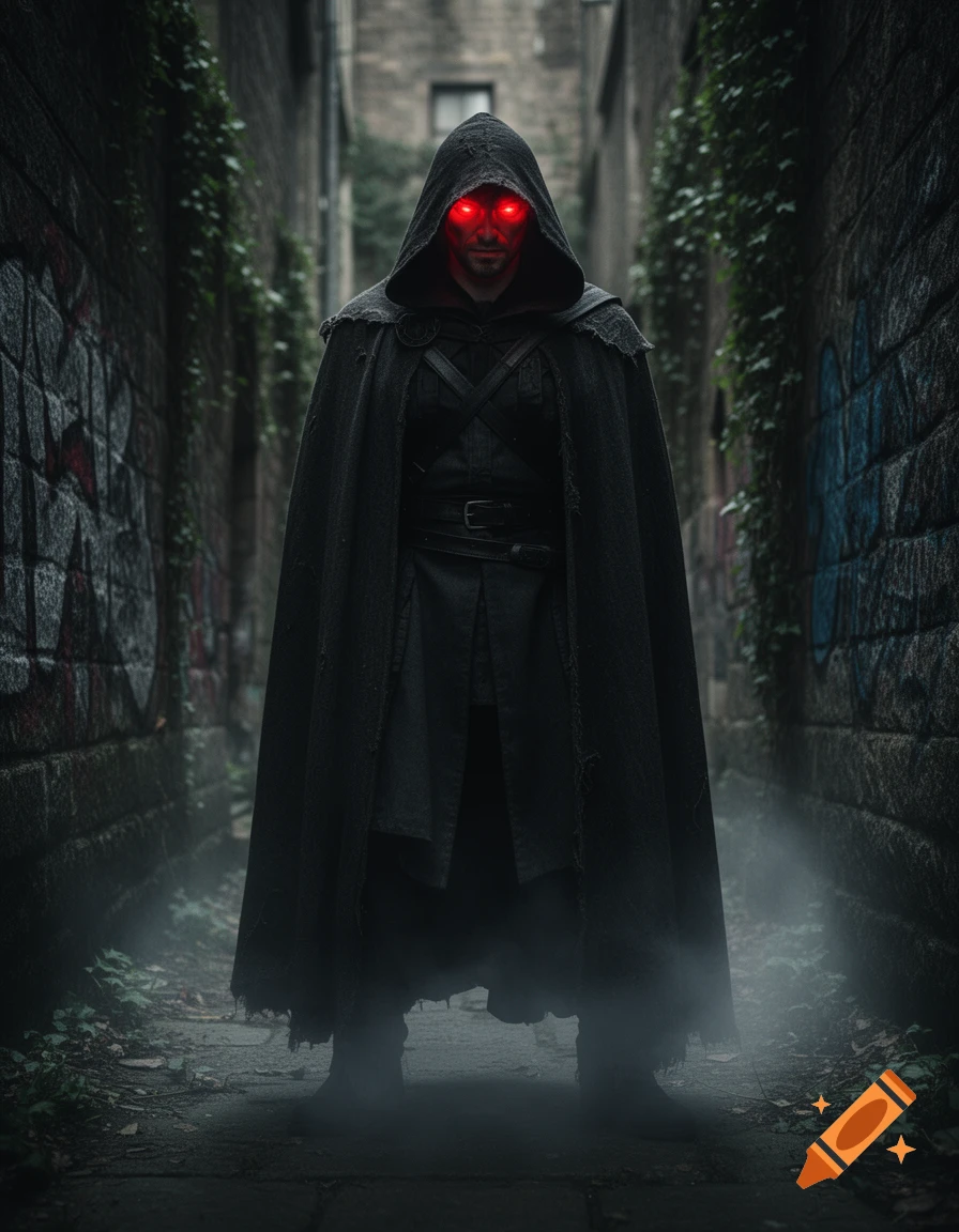 A menacing hooded figure with glowing red eyes stands in a dark, misty alleyway with graffiti-covered brick walls. Photorealistic style.