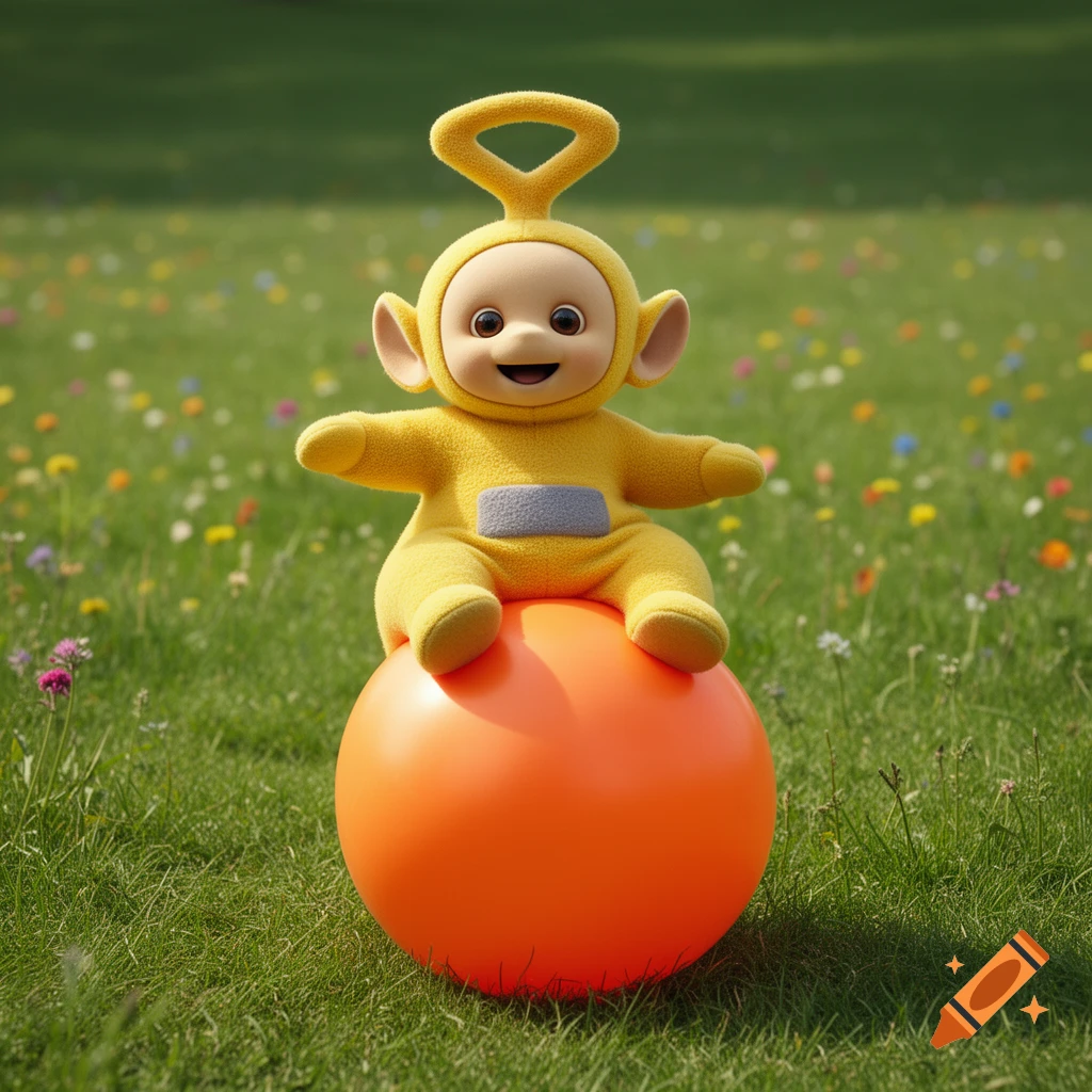 A happy yellow Teletubby (Laa-Laa) sits on an orange bouncy ball in a vibrant green field with colorful flowers.