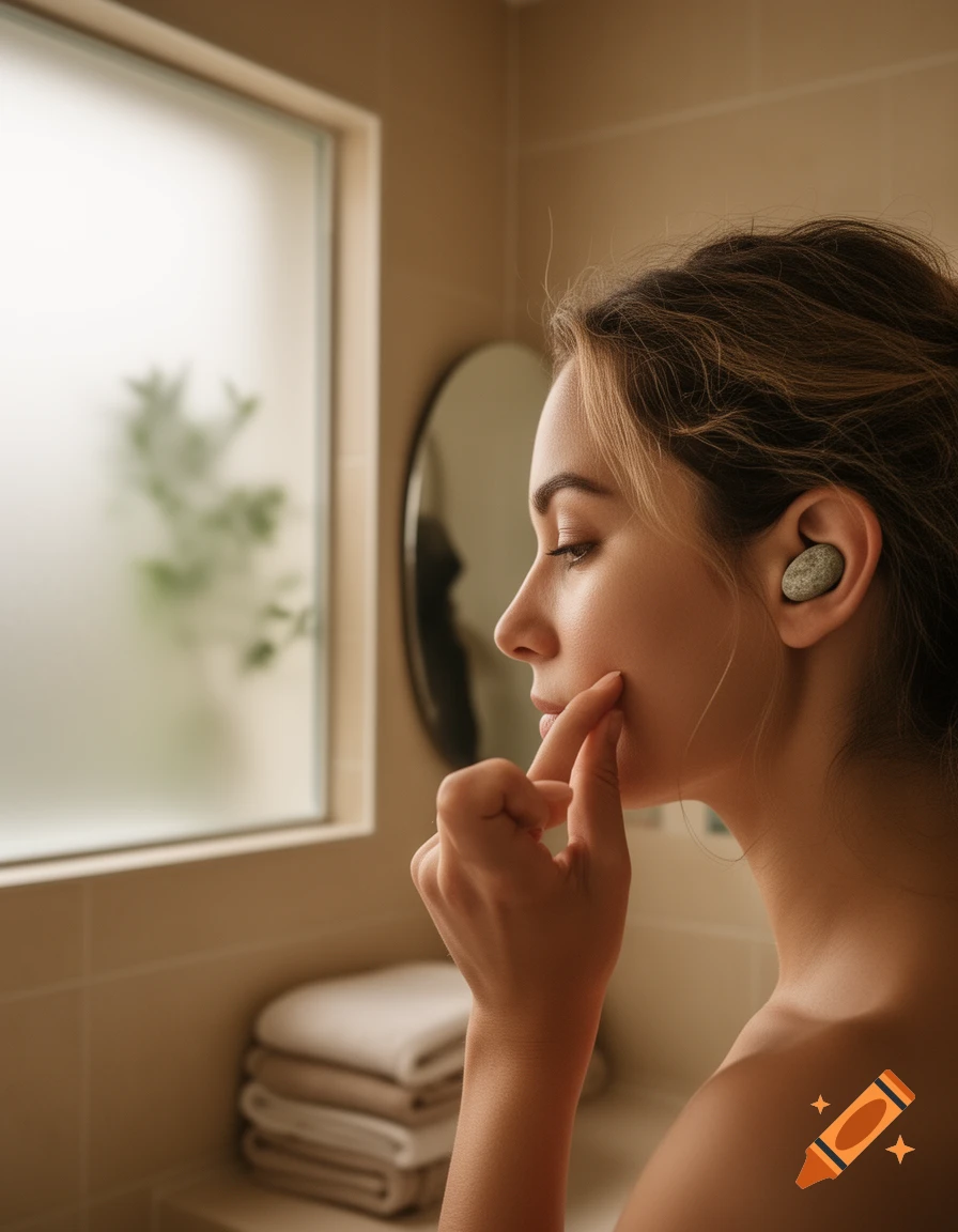 Side profile of a woman in a bathroom, touching her cheek while wearing a stone-like earplug.