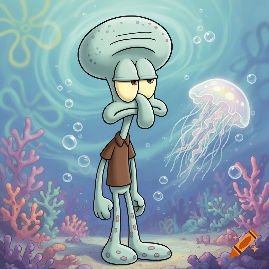 Cartoon Squidward looks displeased while standing underwater among colorful coral and bubbles, with a jellyfish floating nearby.