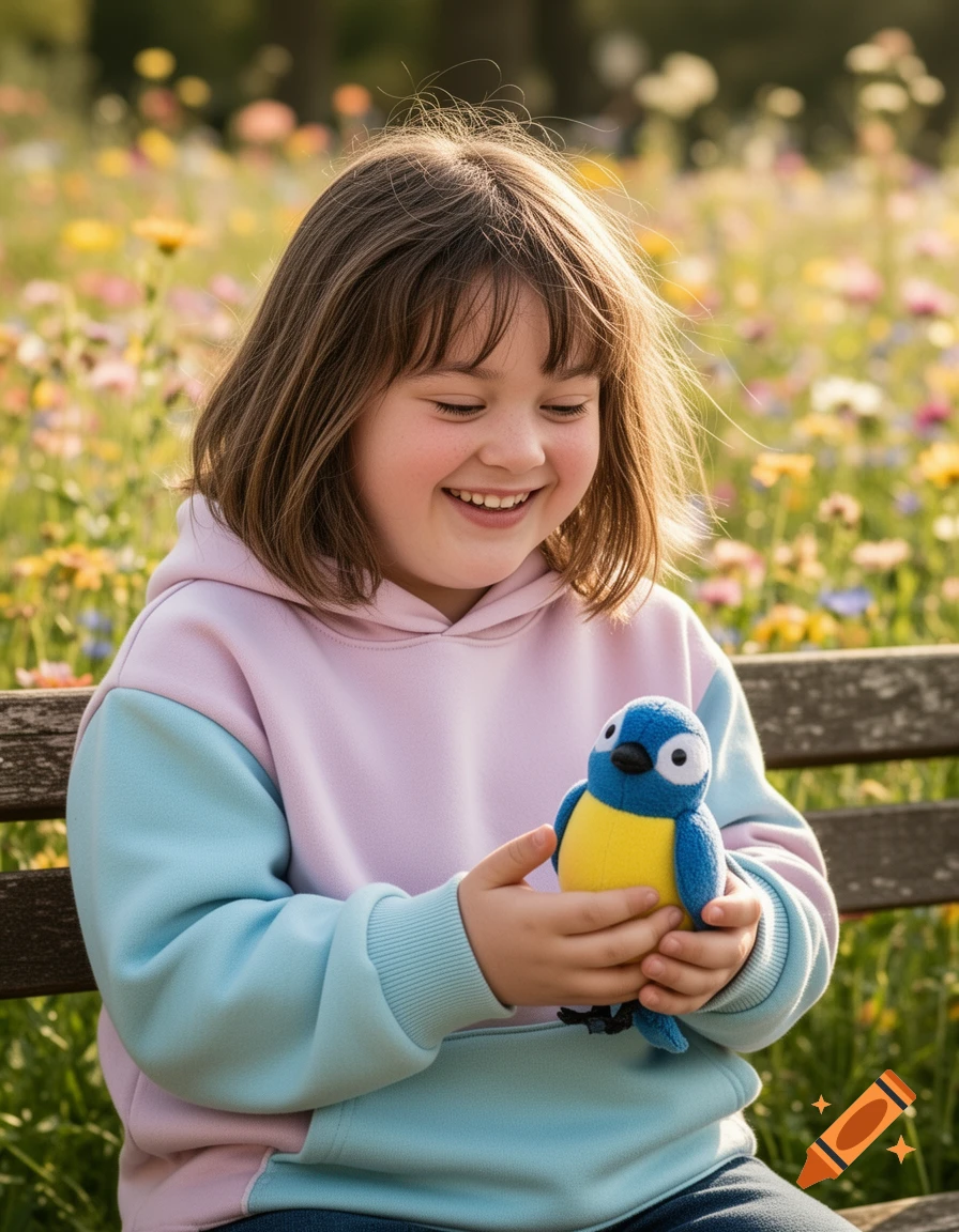 Smiling young girl in pastel hoodie on a bench in a flower field, holding a blue and yellow bird plushie.