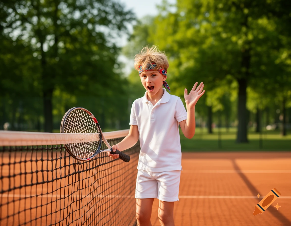 A young boy in a white tennis uniform holds a racket at the net on a clay court, raising one hand with an expressive, open-mouthed face.