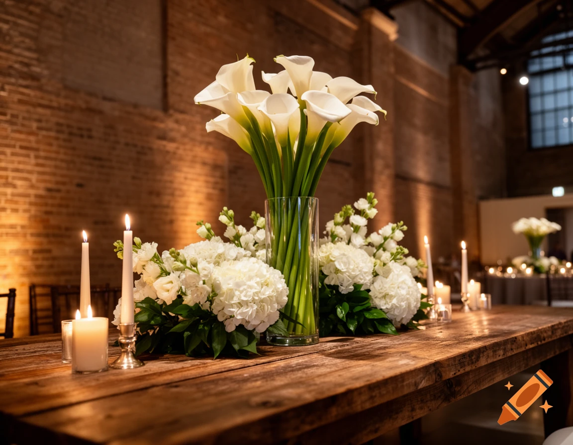 Elegant wedding reception table with white calla lilies, hydrangeas, and lit candles on a wooden table in a dimly lit industrial venue.