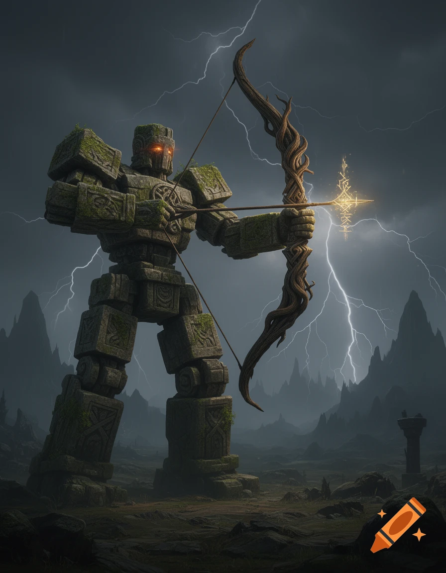 A large, moss-covered stone golem archer with glowing red eyes aims a gnarled wooden bow with a glowing runic arrow amidst a stormy, mountainous landscape with lightning.