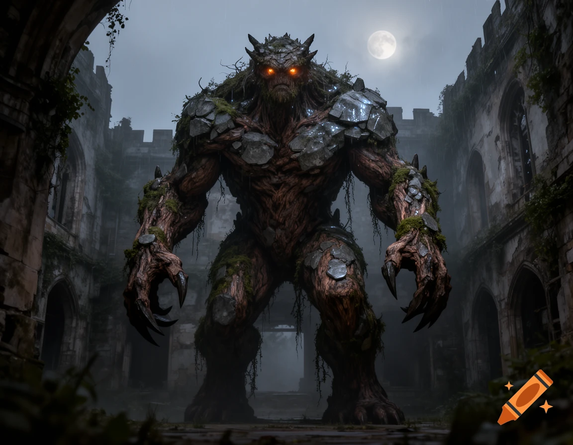 A large, moss and stone-covered tree monster with glowing orange eyes stands in the ruins of a gothic building under a full moon.