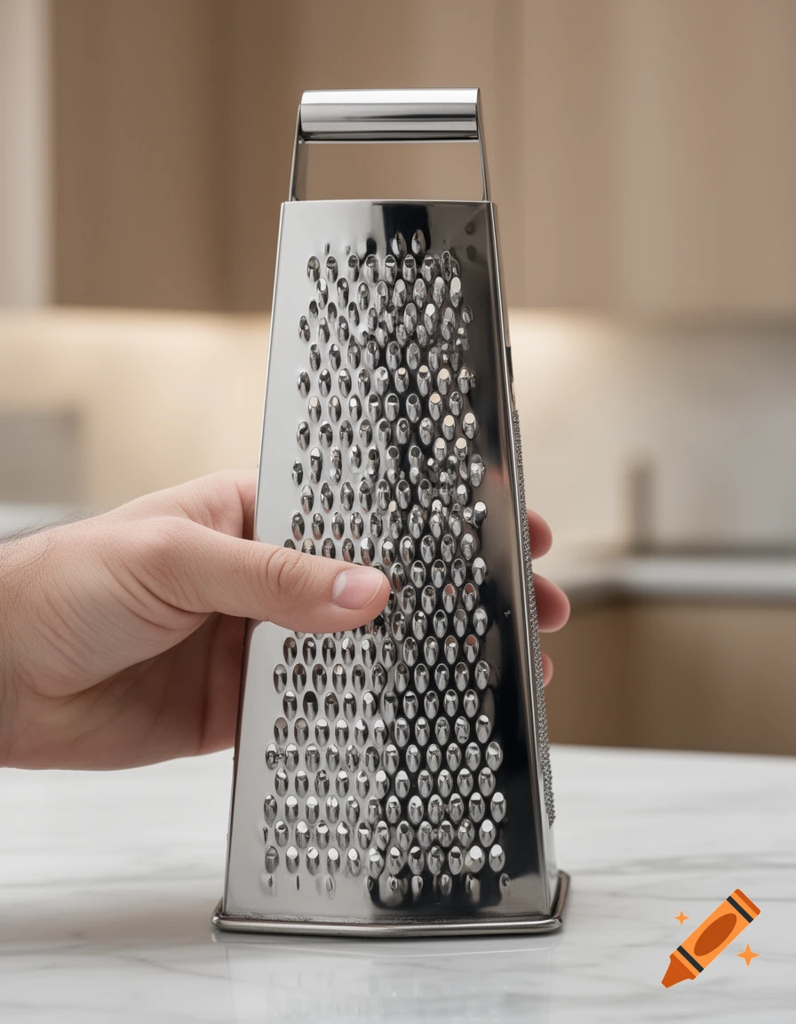 A human hand holds a shiny stainless steel box grater on a white marble countertop in a blurred kitchen background.