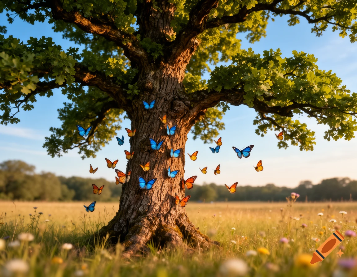 A large, gnarled tree stands in a sunlit field, with numerous blue and orange butterflies flying around its trunk and branches. The sky is clear blue.