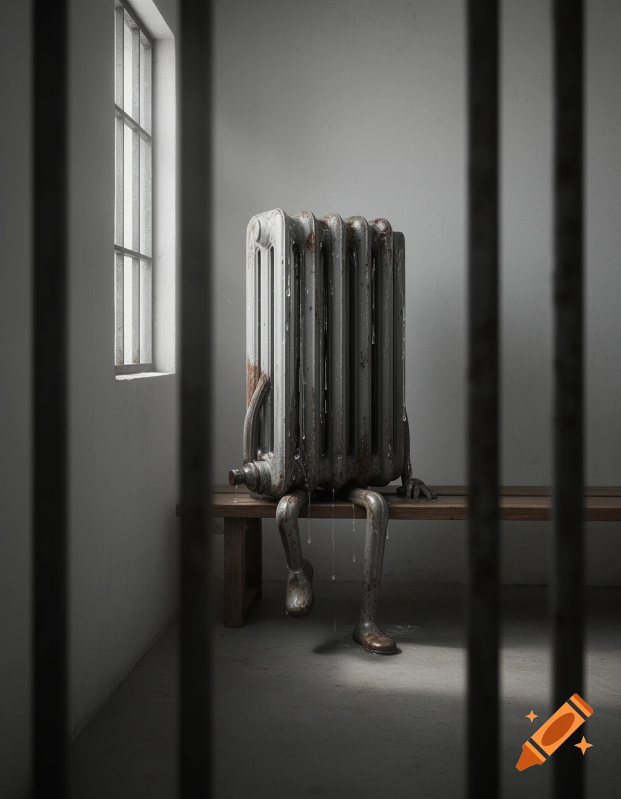 A weeping, rusted anthropomorphic radiator with human legs sits on a wooden bench in a dimly lit prison cell, viewed through bars.