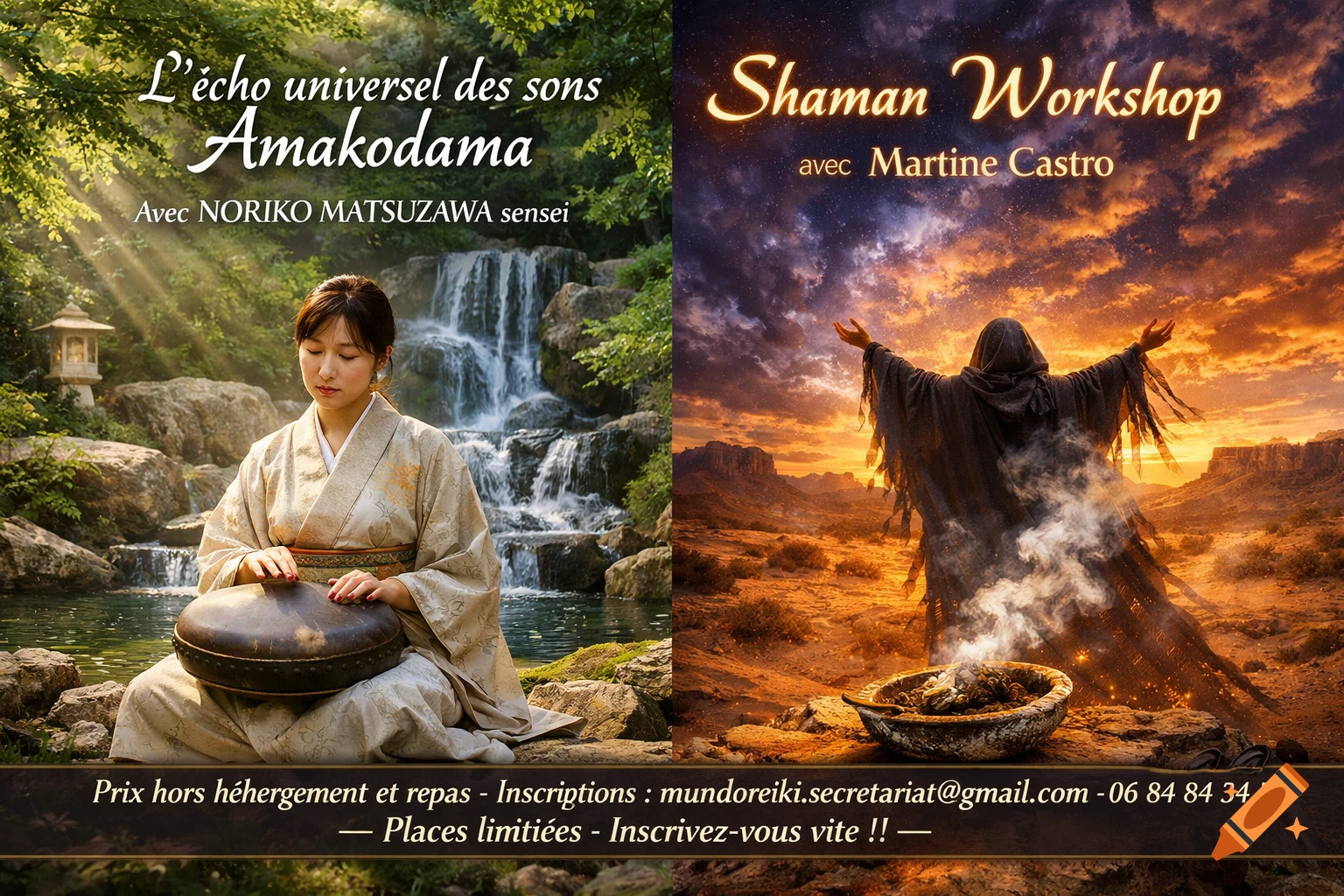 A split image; left shows a woman in a kimono playing a drum by a waterfall, right shows a robed figure with raised arms in a desert landscape under a fiery sky, with a smoking bowl in front. Text promotes 'Amakodama' and 'Shaman Workshop'.