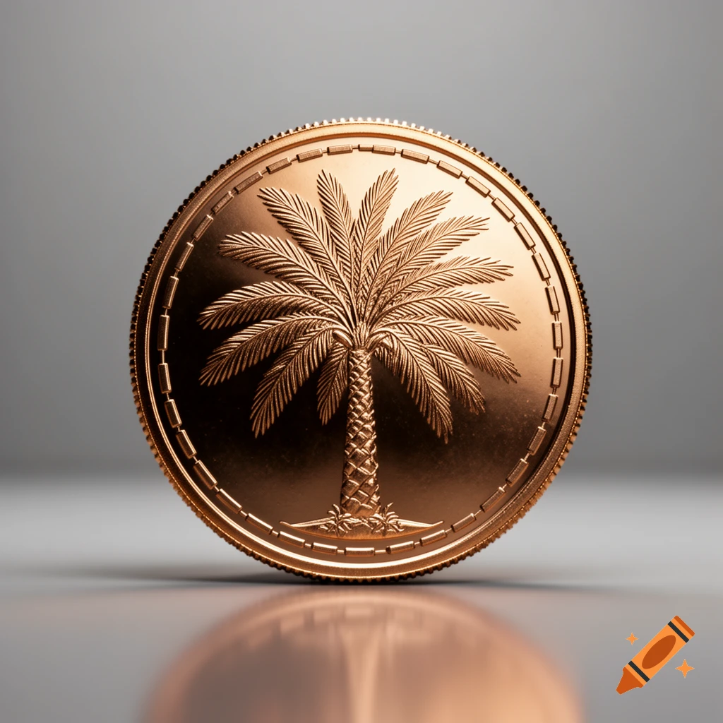 A photorealistic golden coin with an intricately embossed palm tree design at its center, reflecting on a surface.
