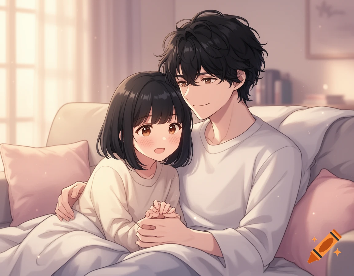 An anime couple, a man with black curly hair and a blushing woman with short black hair, sit close on a couch, holding hands.