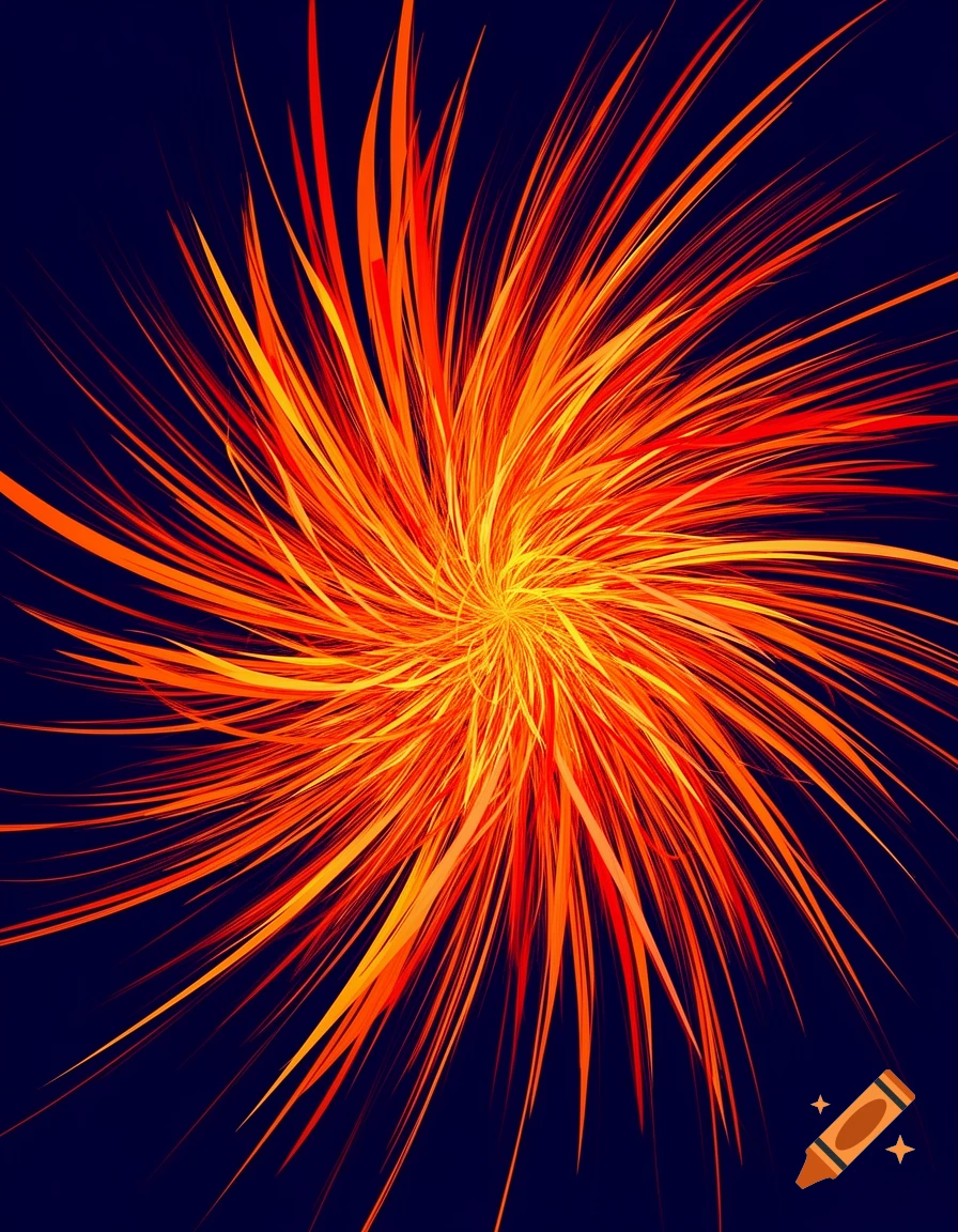 A vibrant abstract explosion of red, orange, and yellow lines radiating from a central point on a dark blue background.