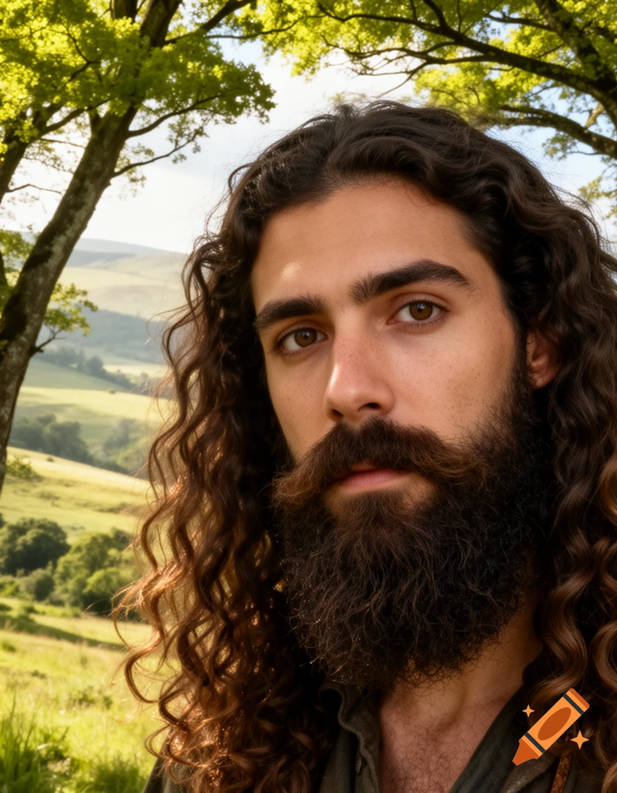 A close-up photorealistic portrait of a man with long, curly dark hair and a full beard, set against a lush green natural landscape.