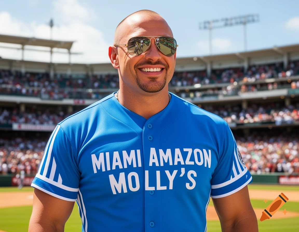 A man smiling in a blue baseball jersey with 'Miami Amazon Molly's' on it, standing in a sunny baseball stadium.