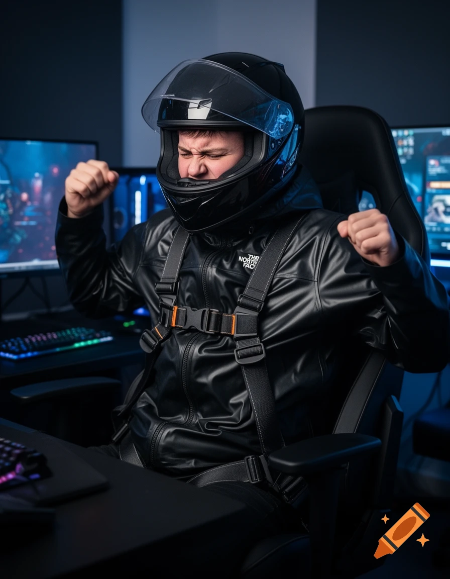 A frustrated young man in a black full-face motorcycle helmet, black leather jacket, and chest harness sits in a gaming chair, clenching his fists.