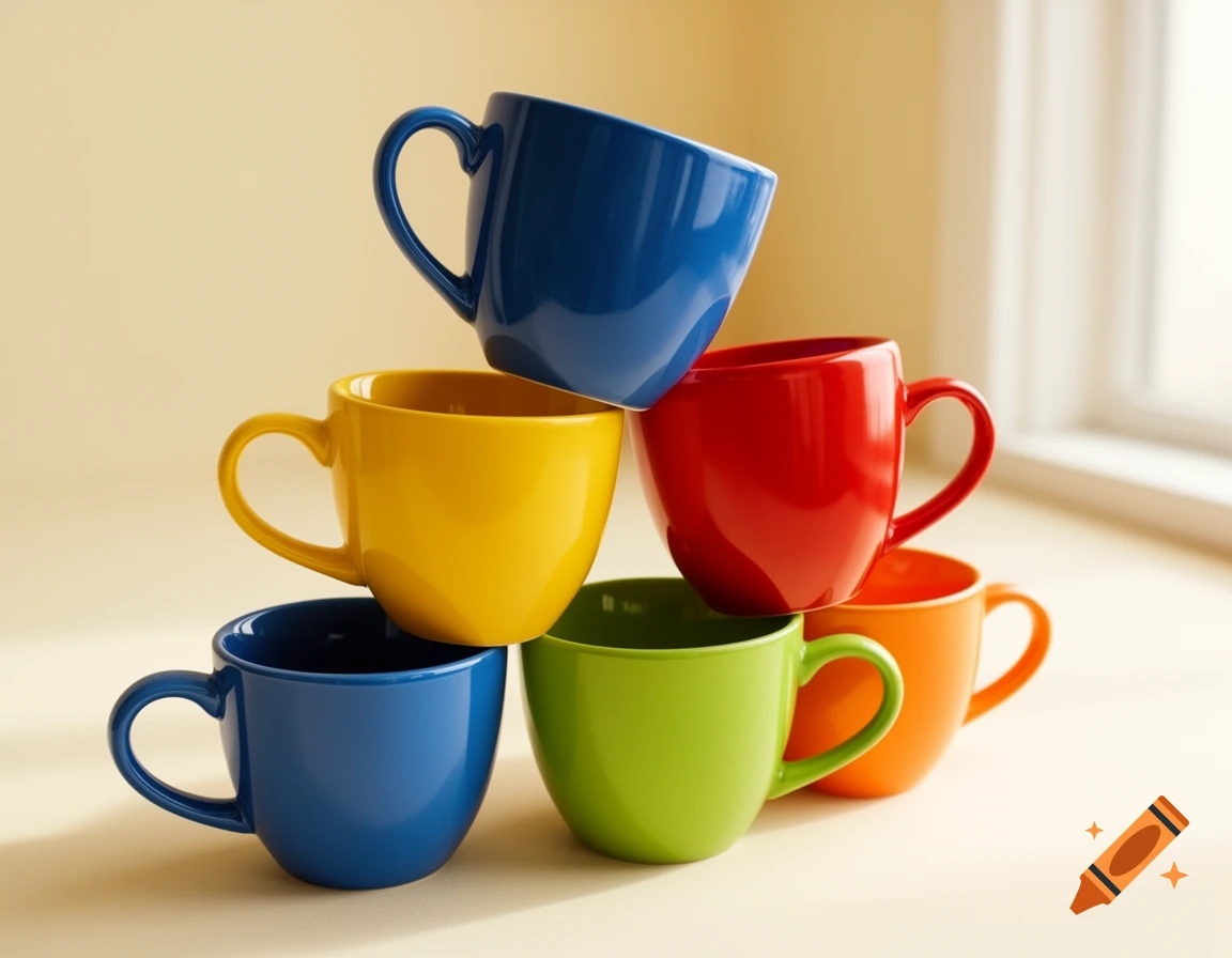 A photorealistic image of six vibrant, colorful mugs stacked in a pyramid shape against a soft background.