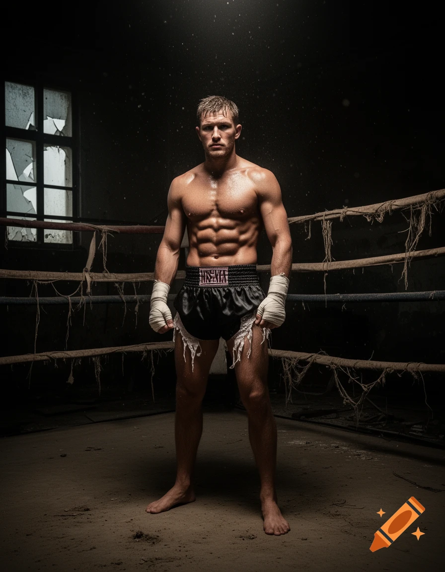 A muscular Caucasian male fighter stands sweat-drenched in an abandoned boxing ring, wearing short black trunks and hand wraps.