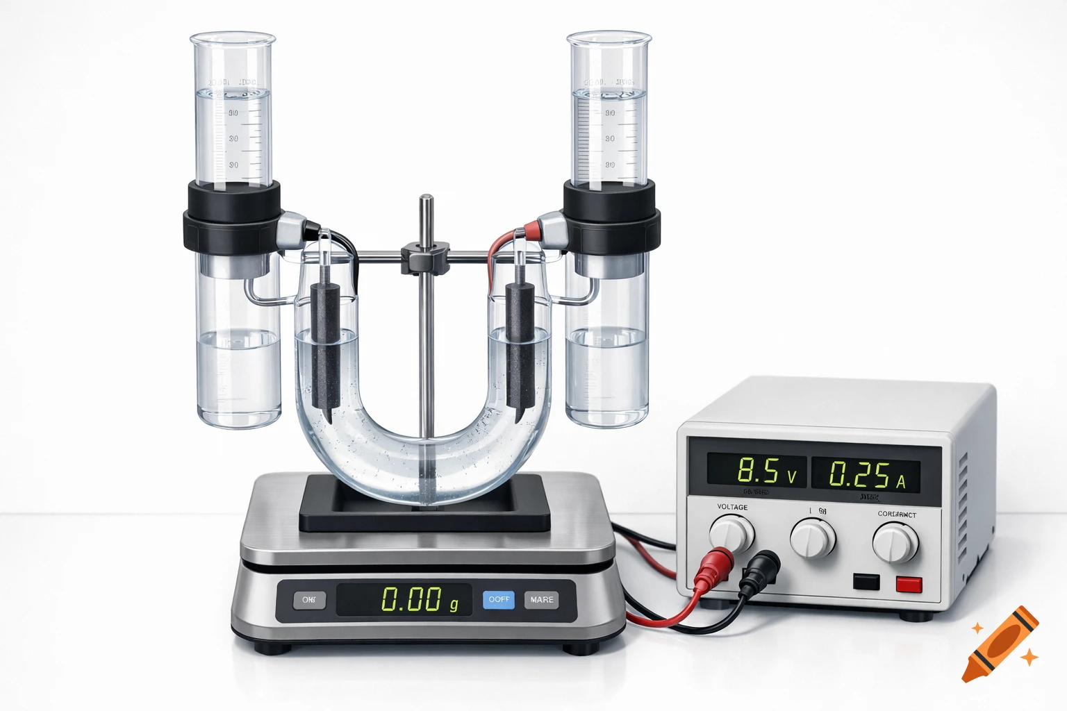 Photorealistic image of a laboratory setup for electrolysis, featuring a U-shaped tube with electrodes, graduated cylinders, an electronic scale displaying 0.00g, and a DC power supply showing 8.5V and 0.25A, all on a white background.