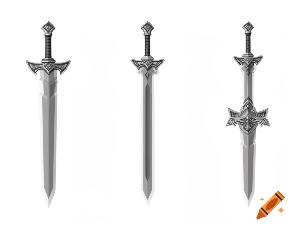 Three grey medieval fantasy iron swords with ornate hilts and straight blades, in a 2D flat vector style on a white background.
