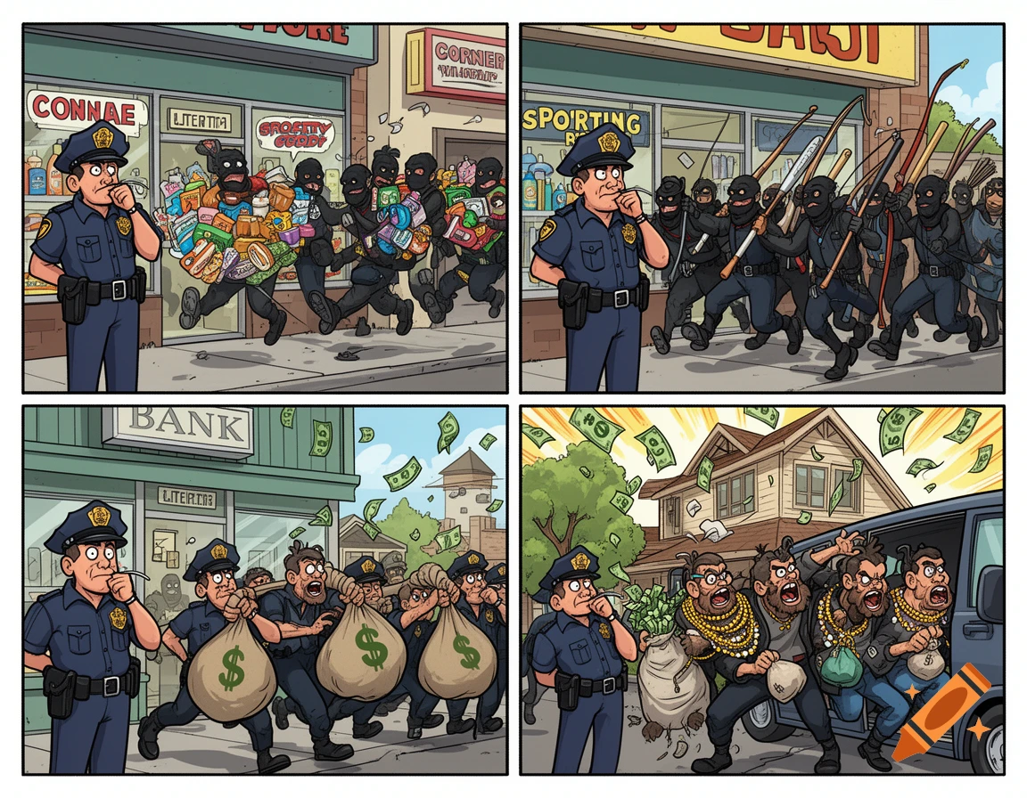 A four-panel cartoon comic showing a whistling police officer watching as masked robbers steal goods from a store, bats from a sporting goods store, money from a bank, and then jewelry and money while kidnapping a hostage from a house.
