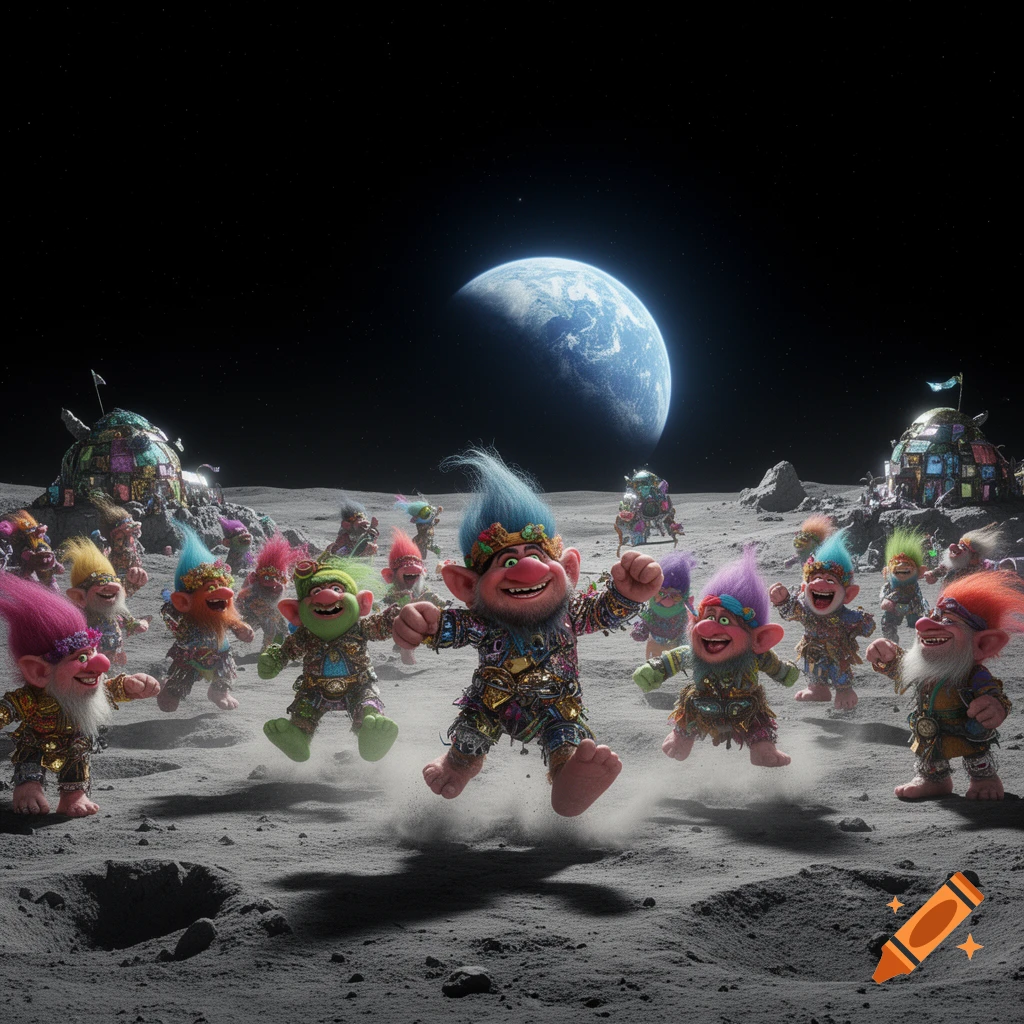 Animated trolls with colorful hair jump on the moon's surface under a starry sky with Earth visible in the background.