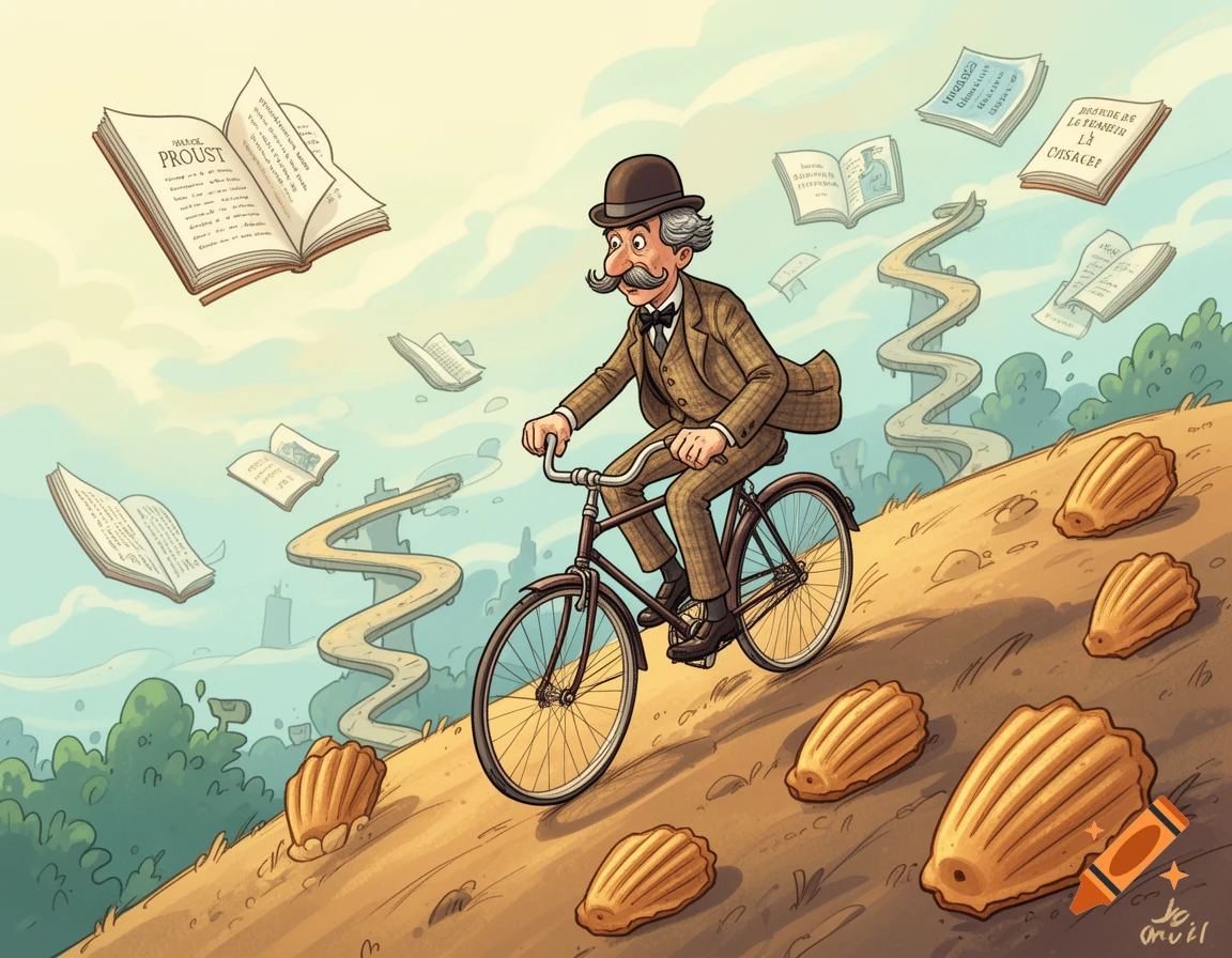A cartoonish man resembling Marcel Proust cycles up a hill, surrounded by floating books and large madeleines, in a humorous style.